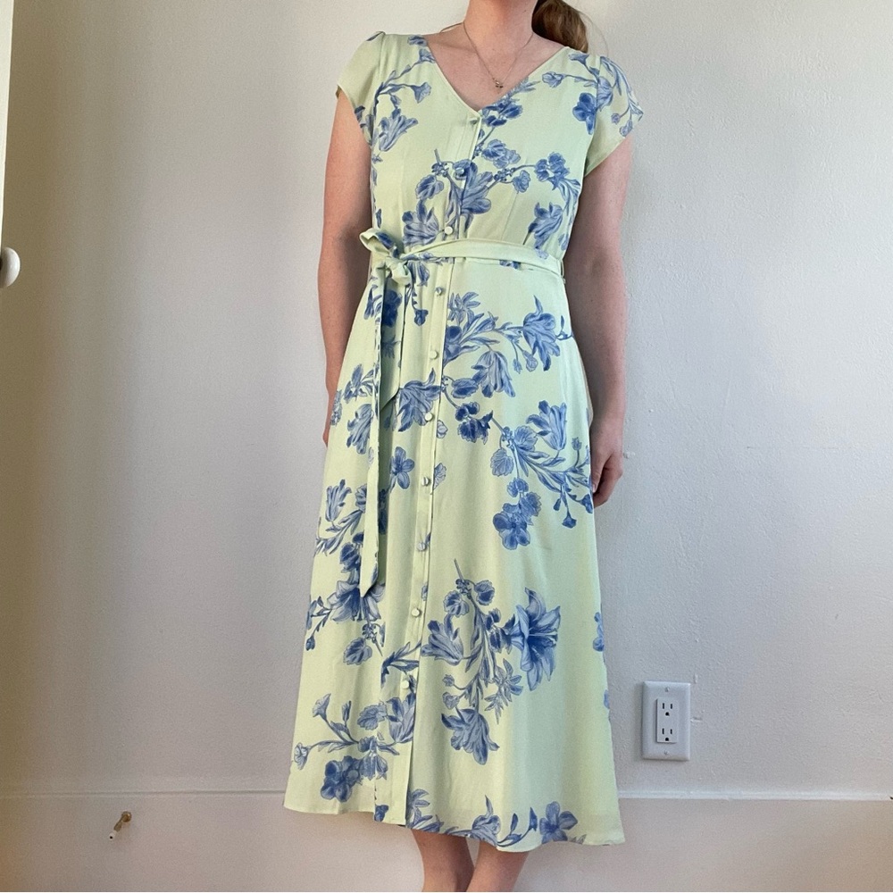 Talbots Light green Floral Button-Front Midi Dress